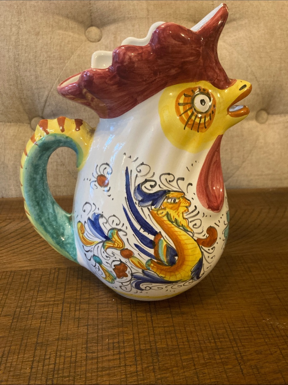 Williams Sonoma Hand-Painted Ceramic Rooster Pitcher — Yellow, Red, Blue, Green